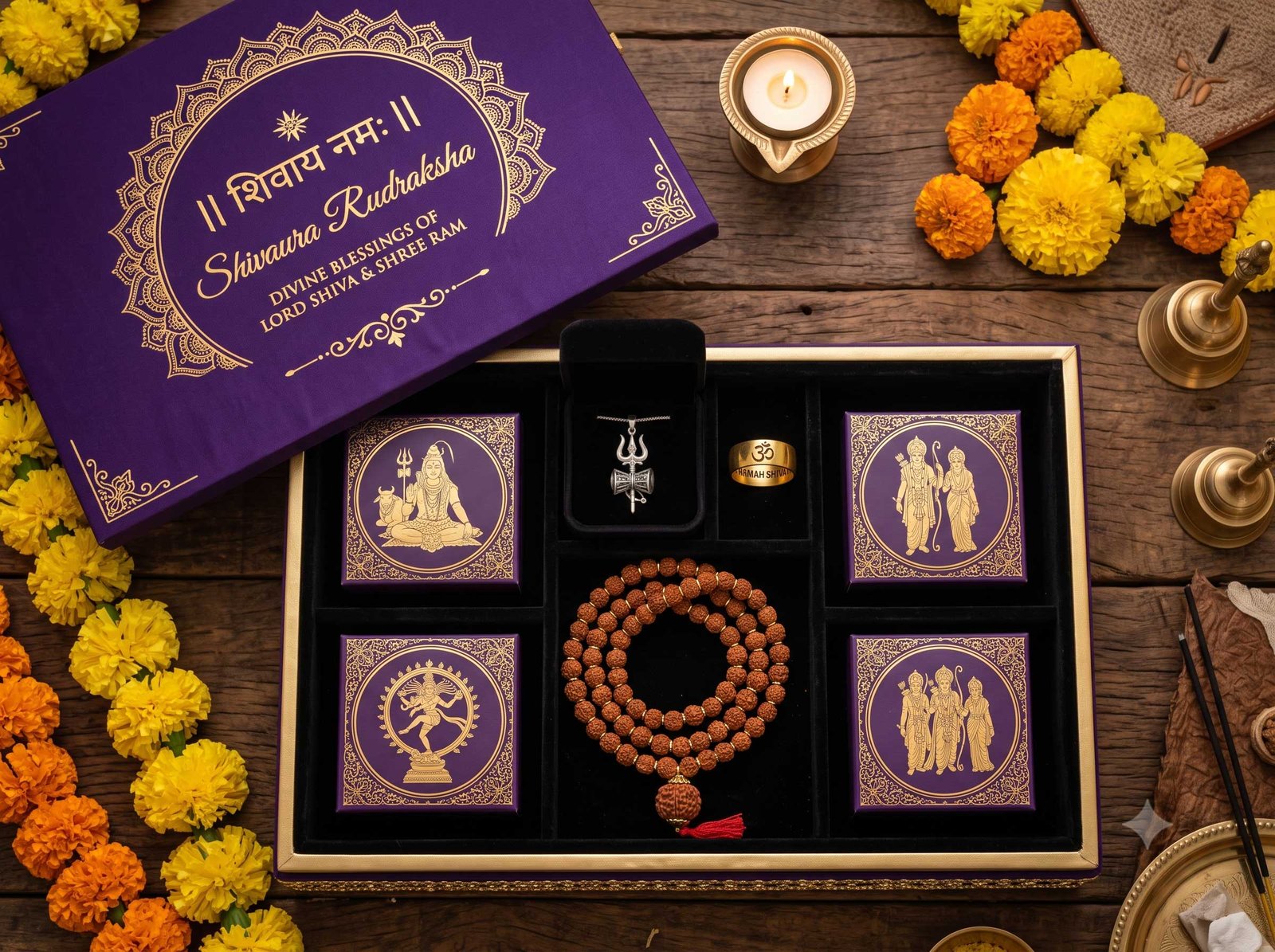 Luxury Shivaura Rudraksha spiritual gift hamper in a signature navy velvet box with authentic Rudraksha malas