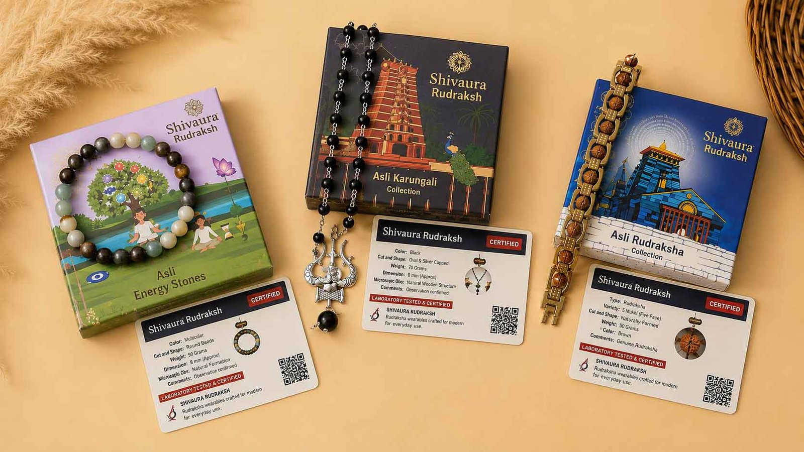 Lab-certified Shivaura Rudraksha wearables with government-approved authenticity cards for Energy Stones, Karungali, and Rudraksha
